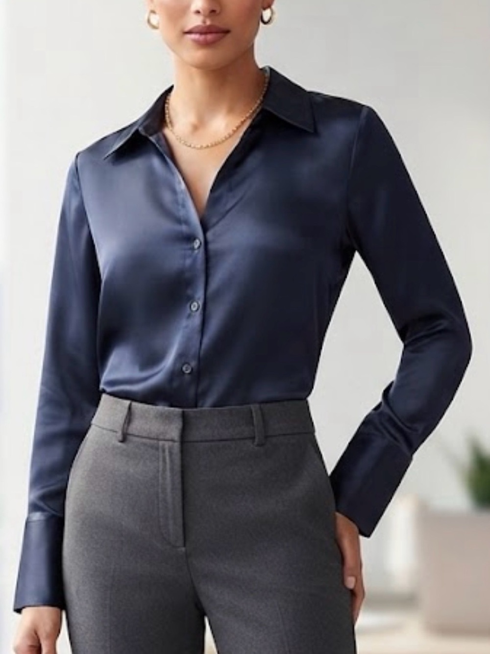 NWT H&M Navy Blue Satin Long Sleeve Button Down Blouse Size Medium